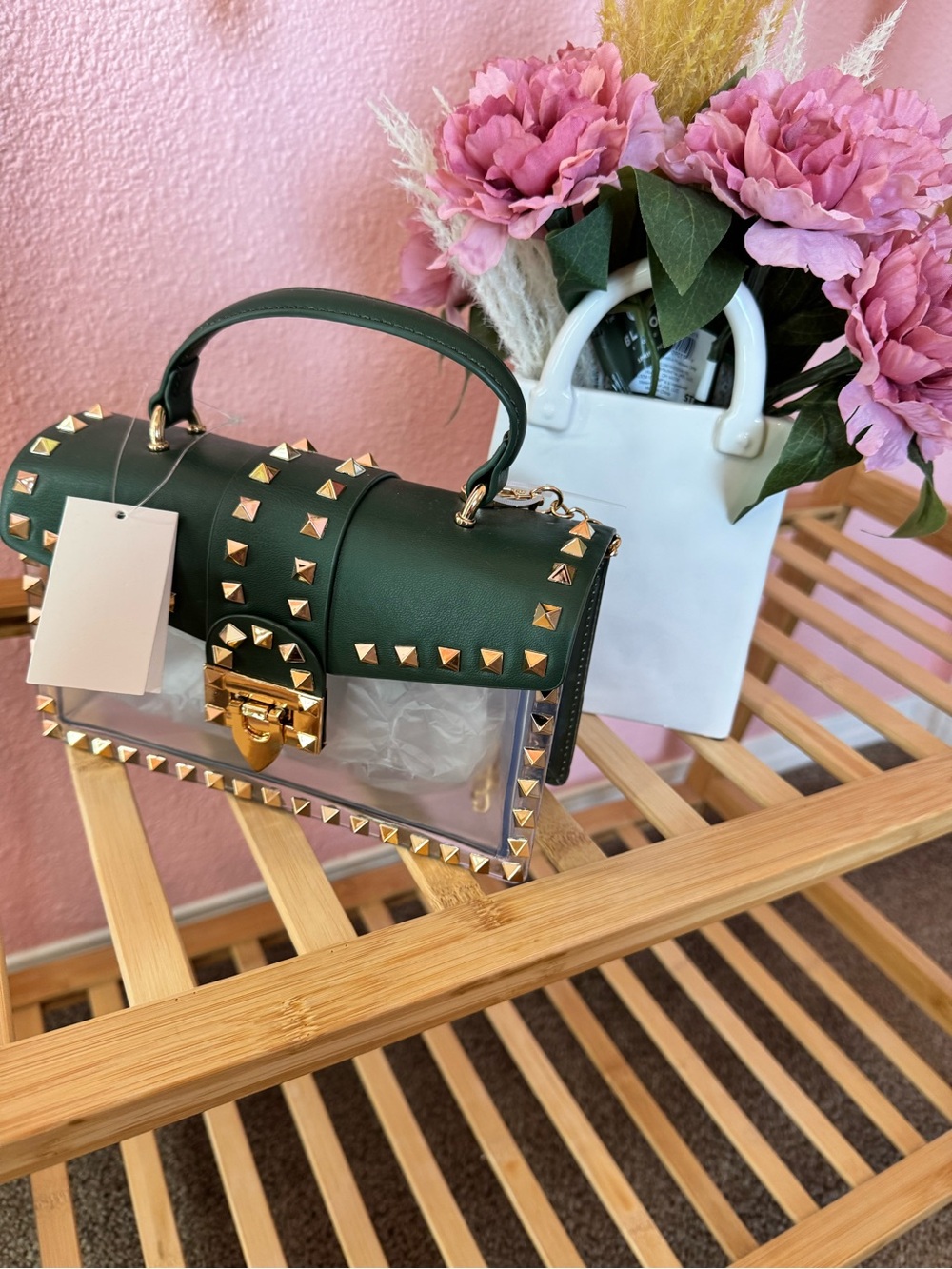 Emerald Studded Mini Top-Handle Bag with Clear Base